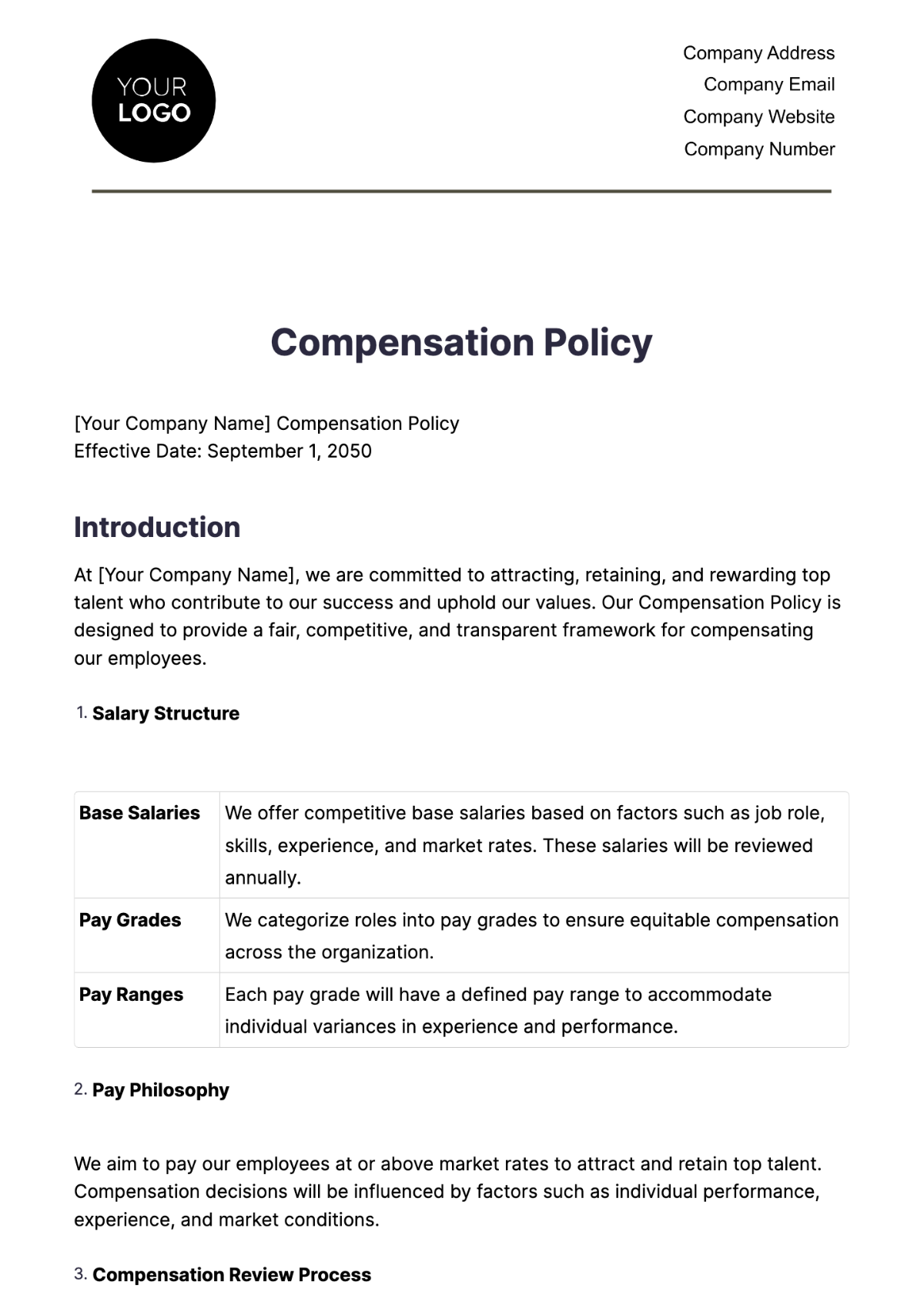 Compensation Policy HR Template - Edit Online & Download