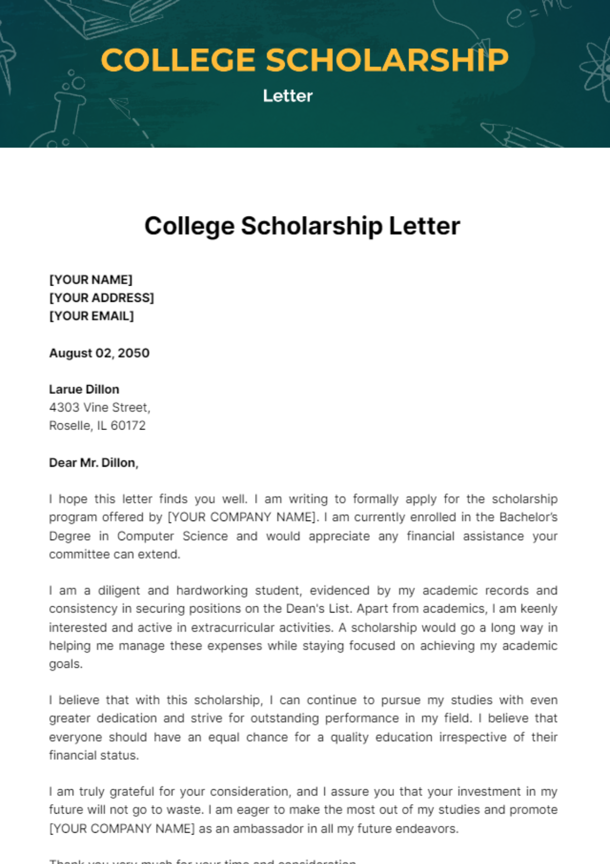 Free College Scholarship Letter Template