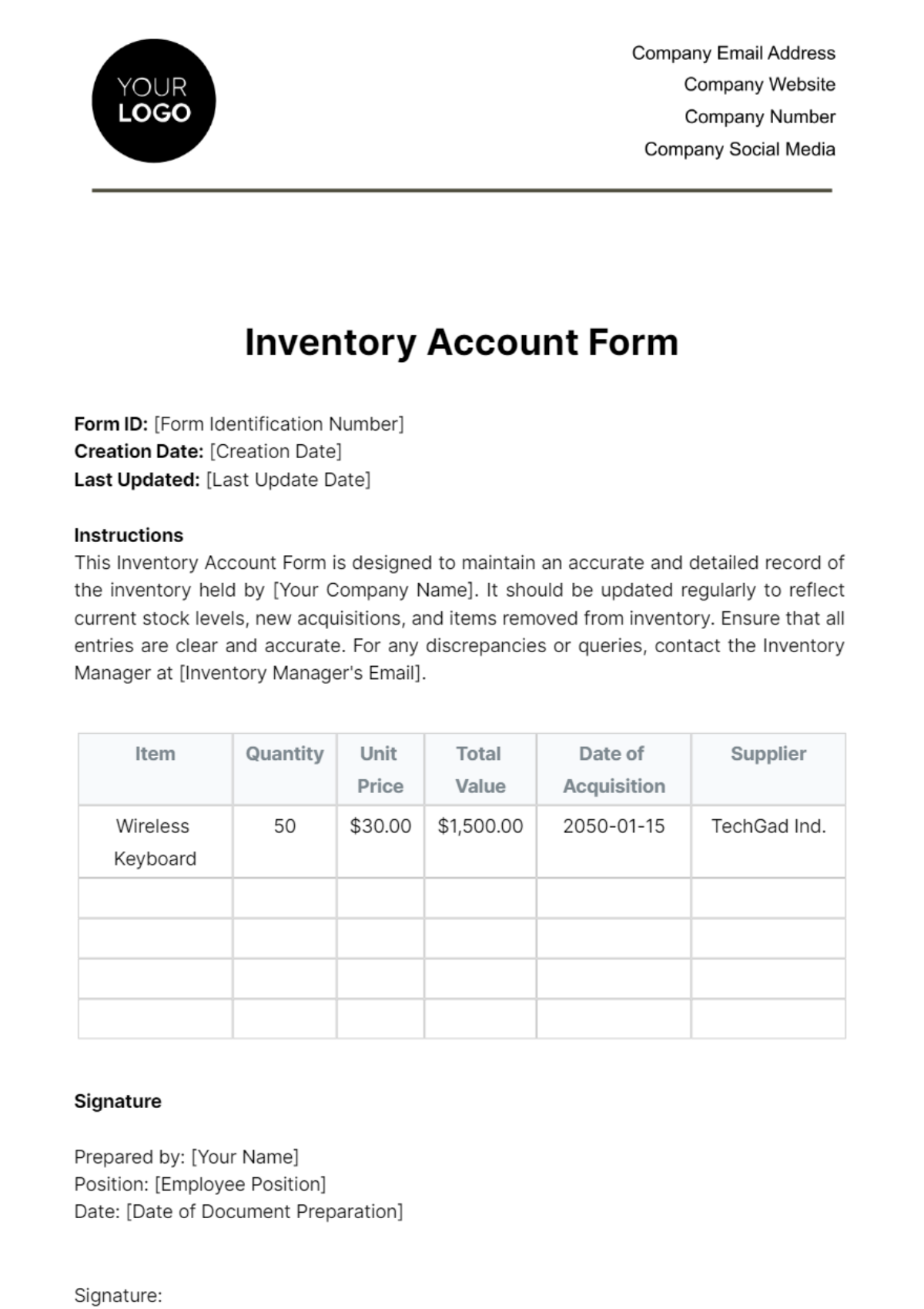 Free Inventory Account Form Template