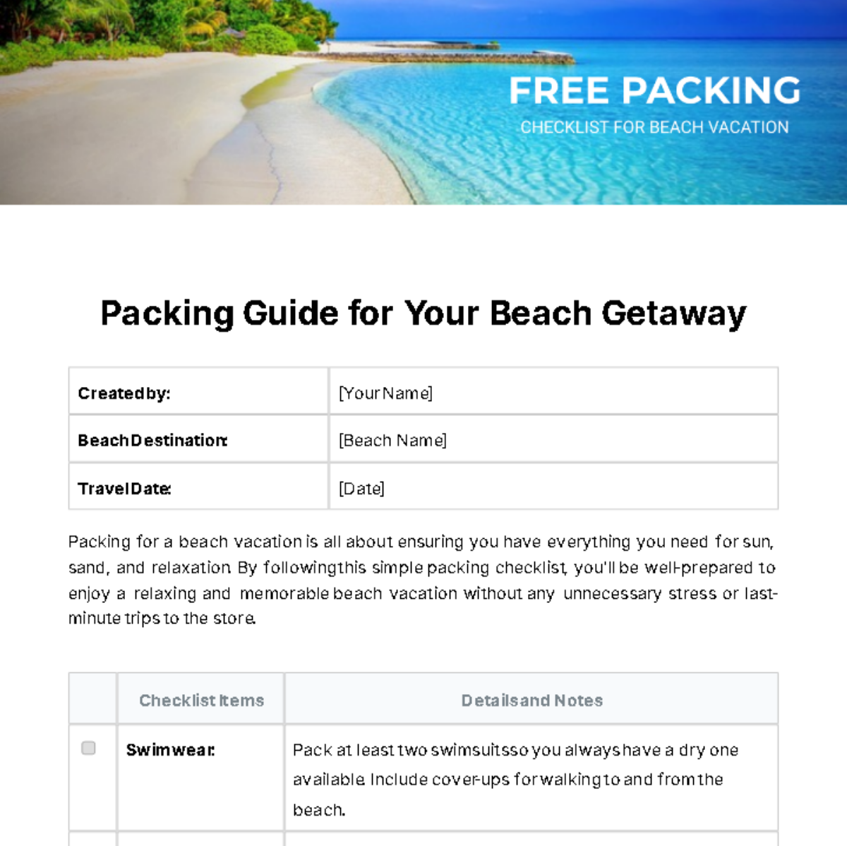 Packing Checklist For Beach Vacation Template