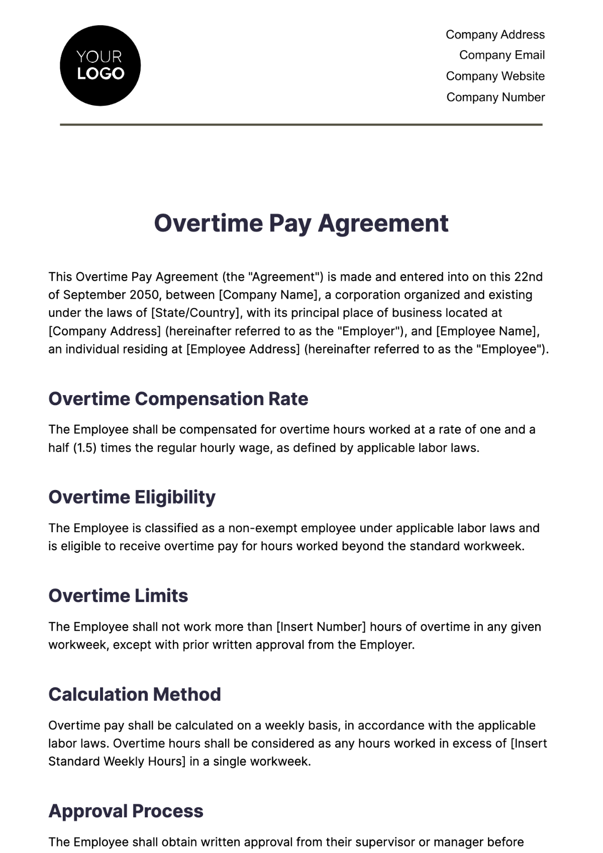 Overtime Pay Agreement HR Template - Edit Online & Download