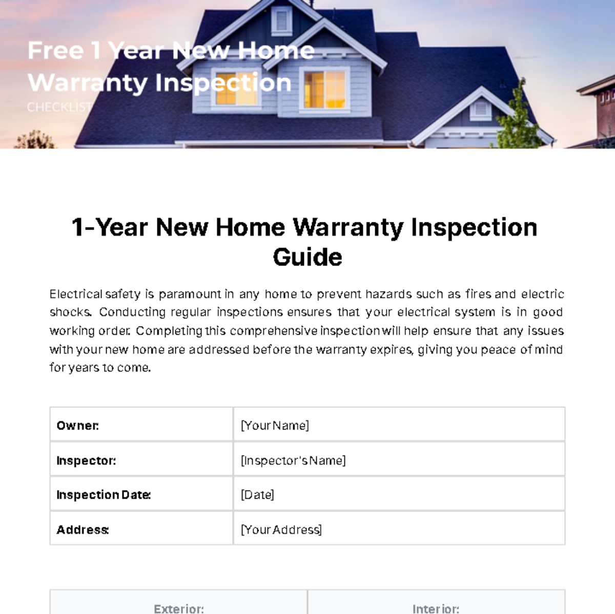 1 Year New Home Warranty Inspection Checklist Template