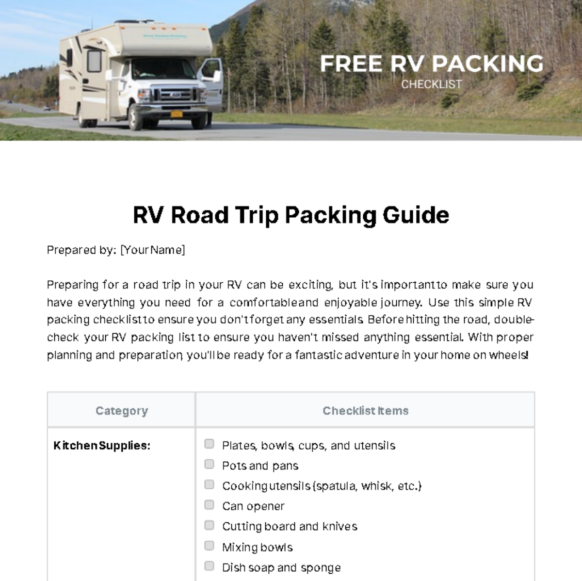Rv Packing Checklist Template