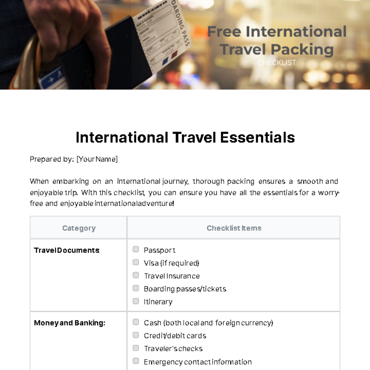 International Travel Packing Checklist Template