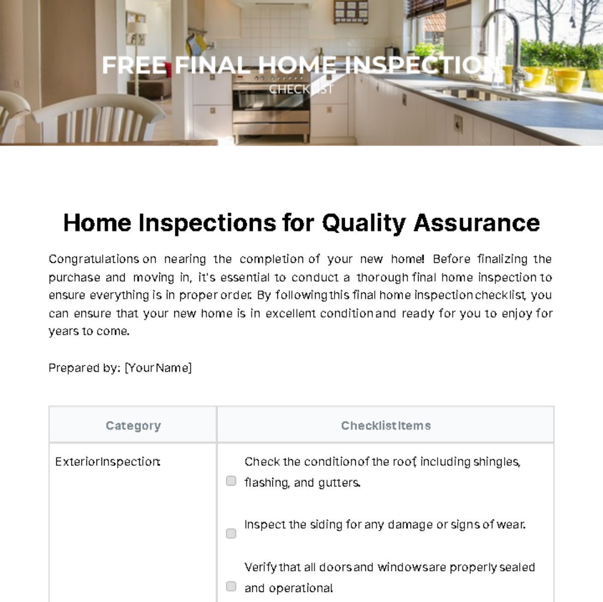Final Home Inspection Checklist Template