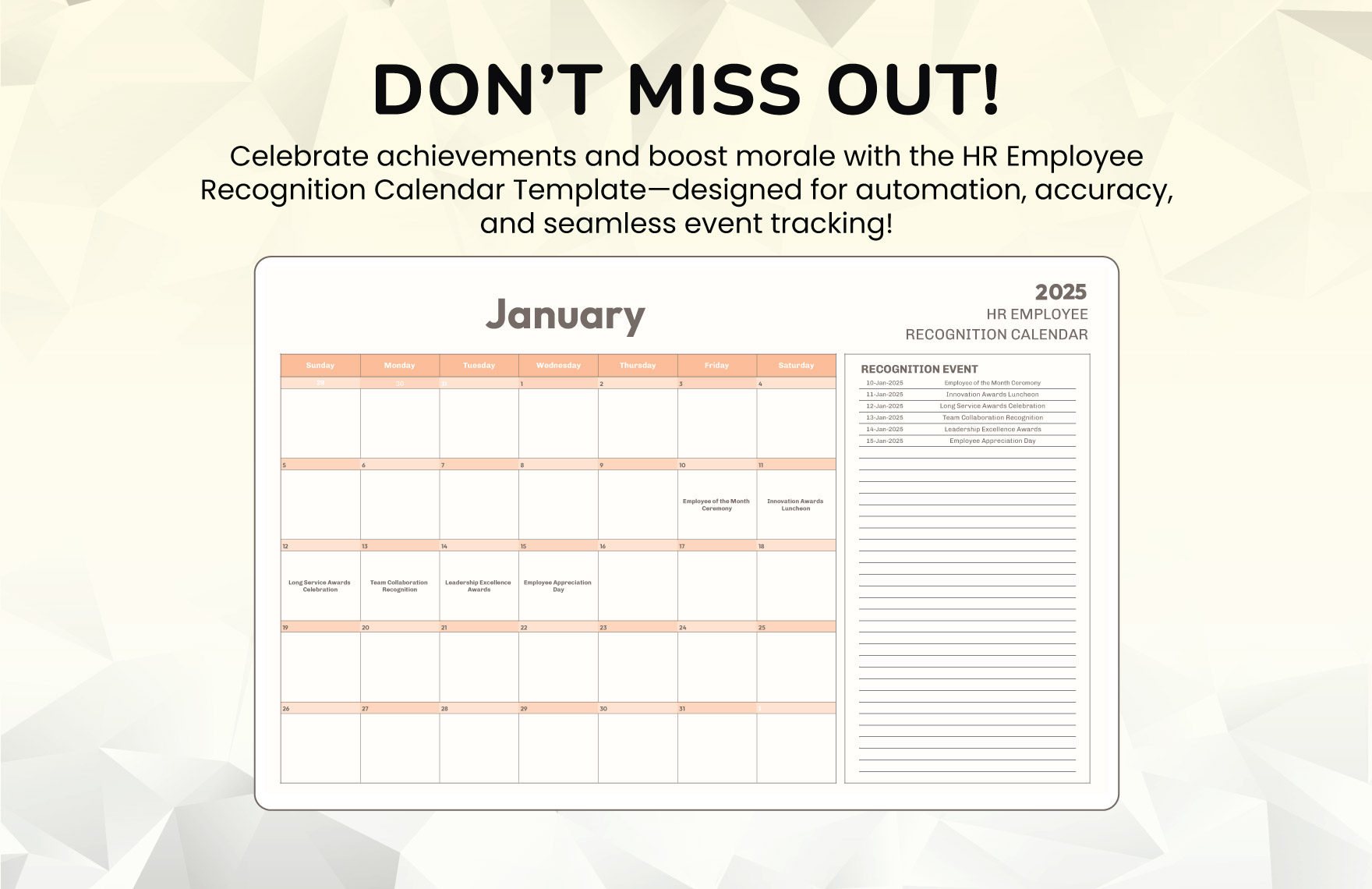 HR Employee Recognition Calendar Template