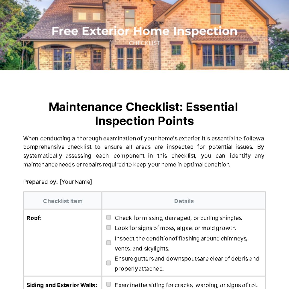 Exterior Home Inspection Checklist Template
