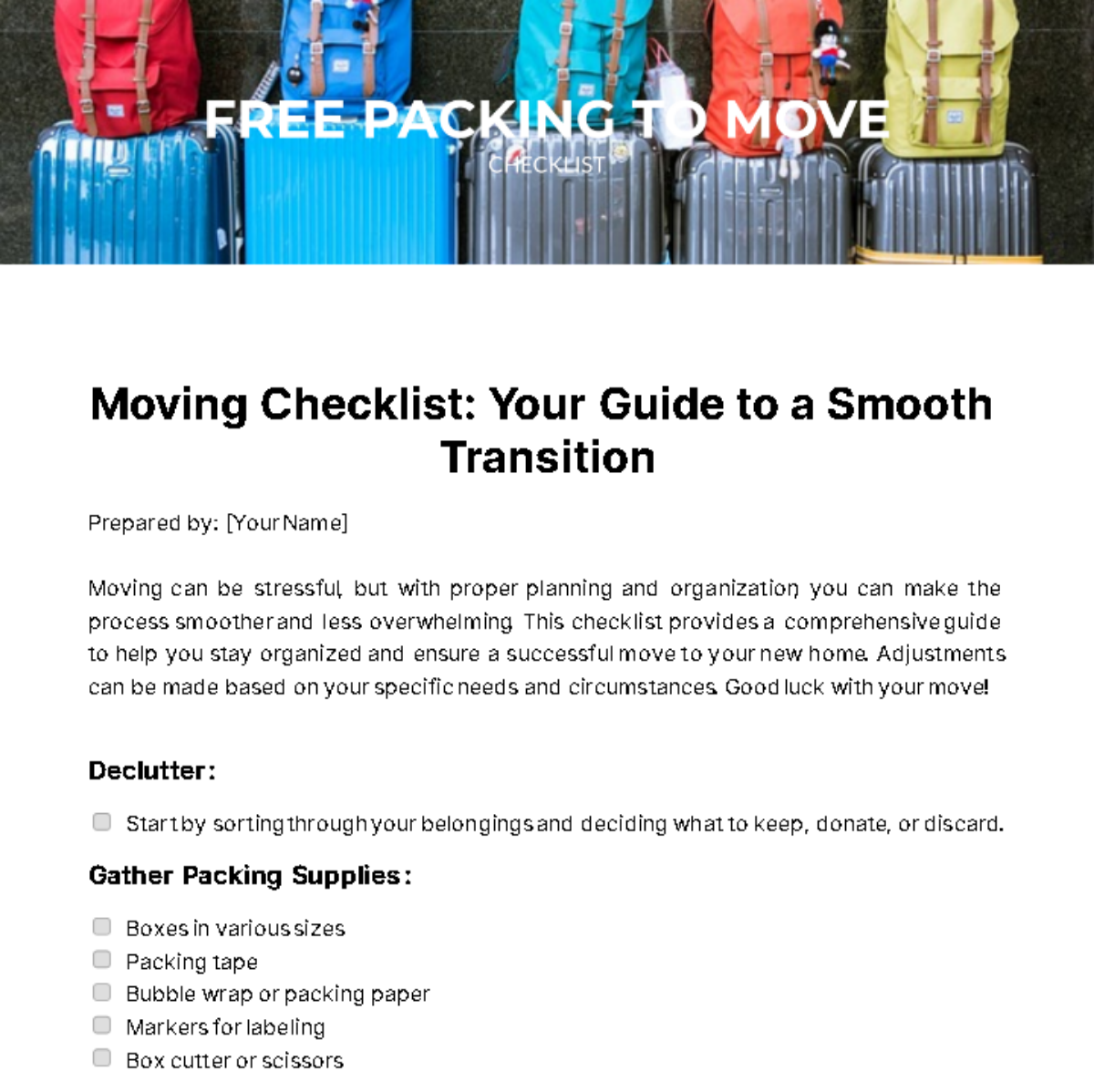 Packing To Move Checklist Template