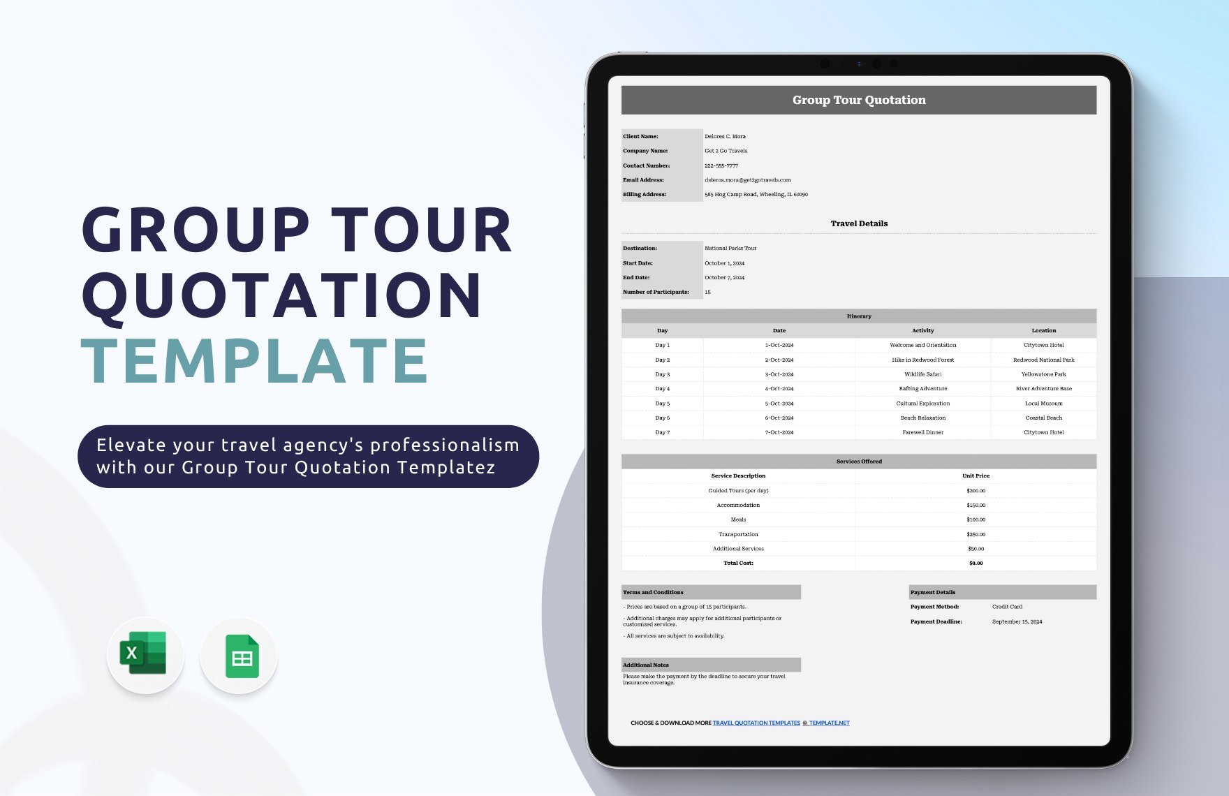 Free Group Tour Quotation Template in Excel, Google Sheets