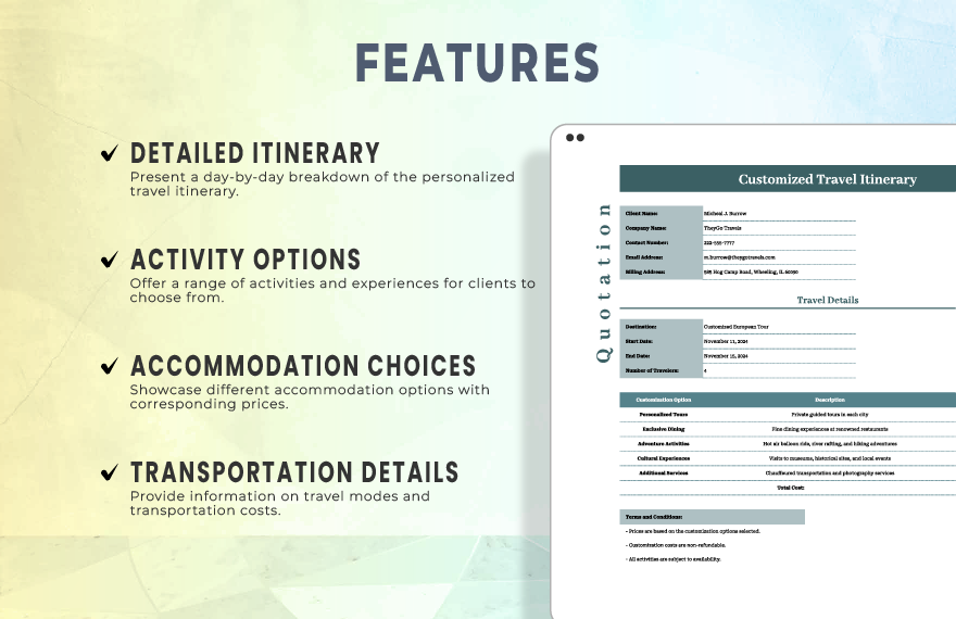 Customized Travel Itinerary Quotation Template