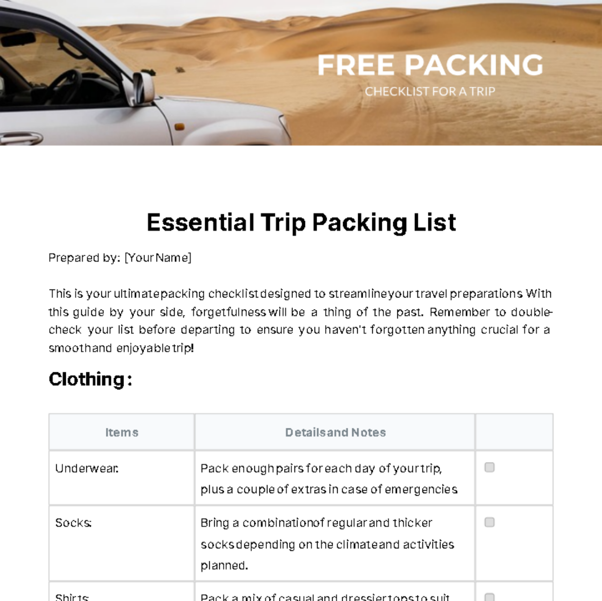 Packing Checklist For A Trip Template