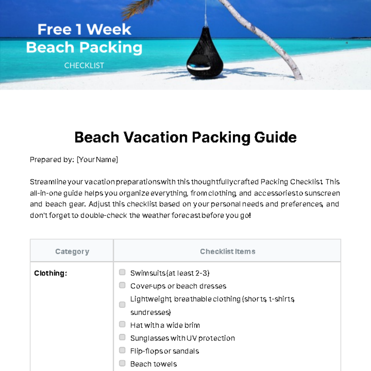 1 Week Beach Packing Checklist Template