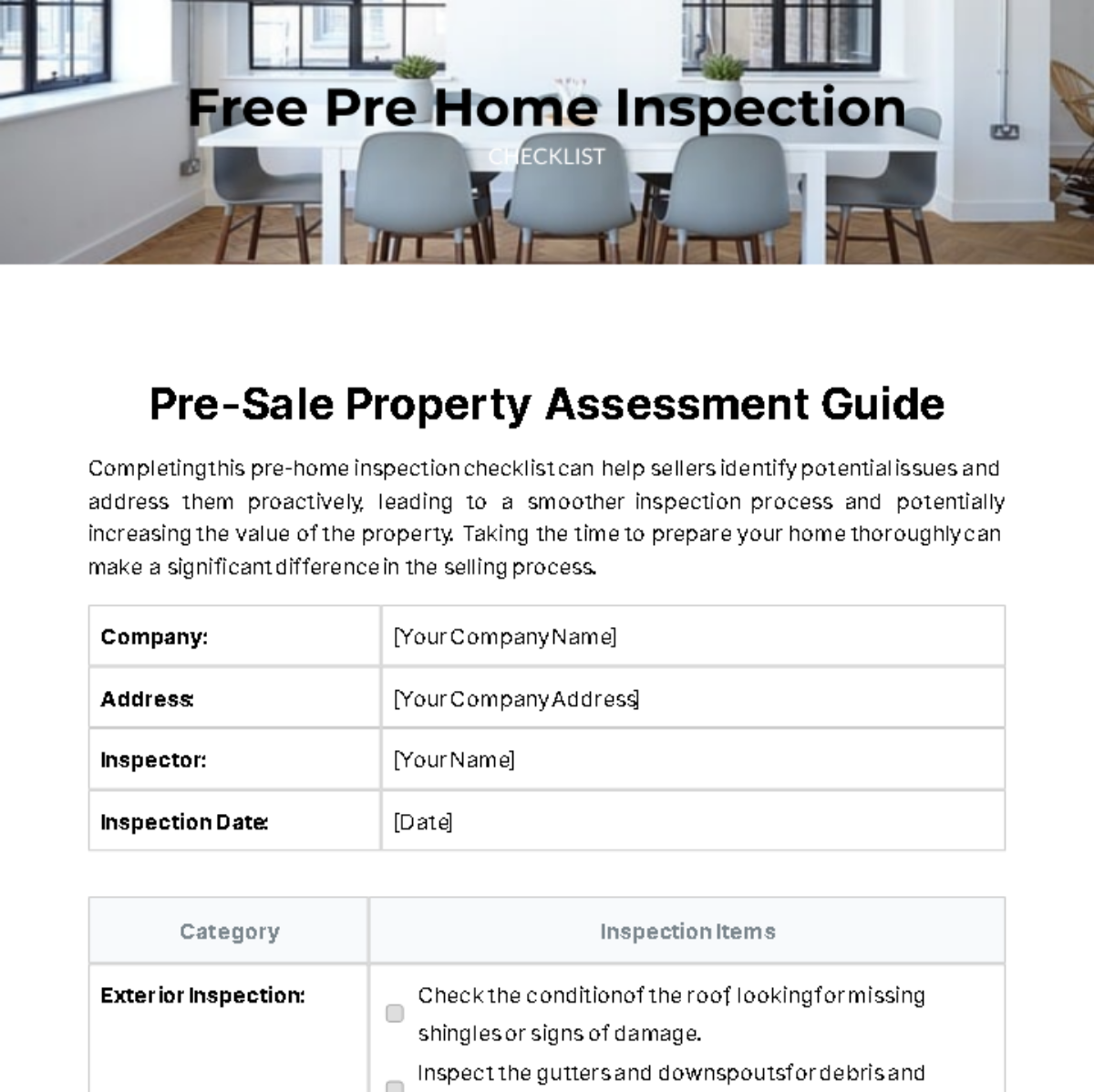 Pre Home Inspection Checklist Template