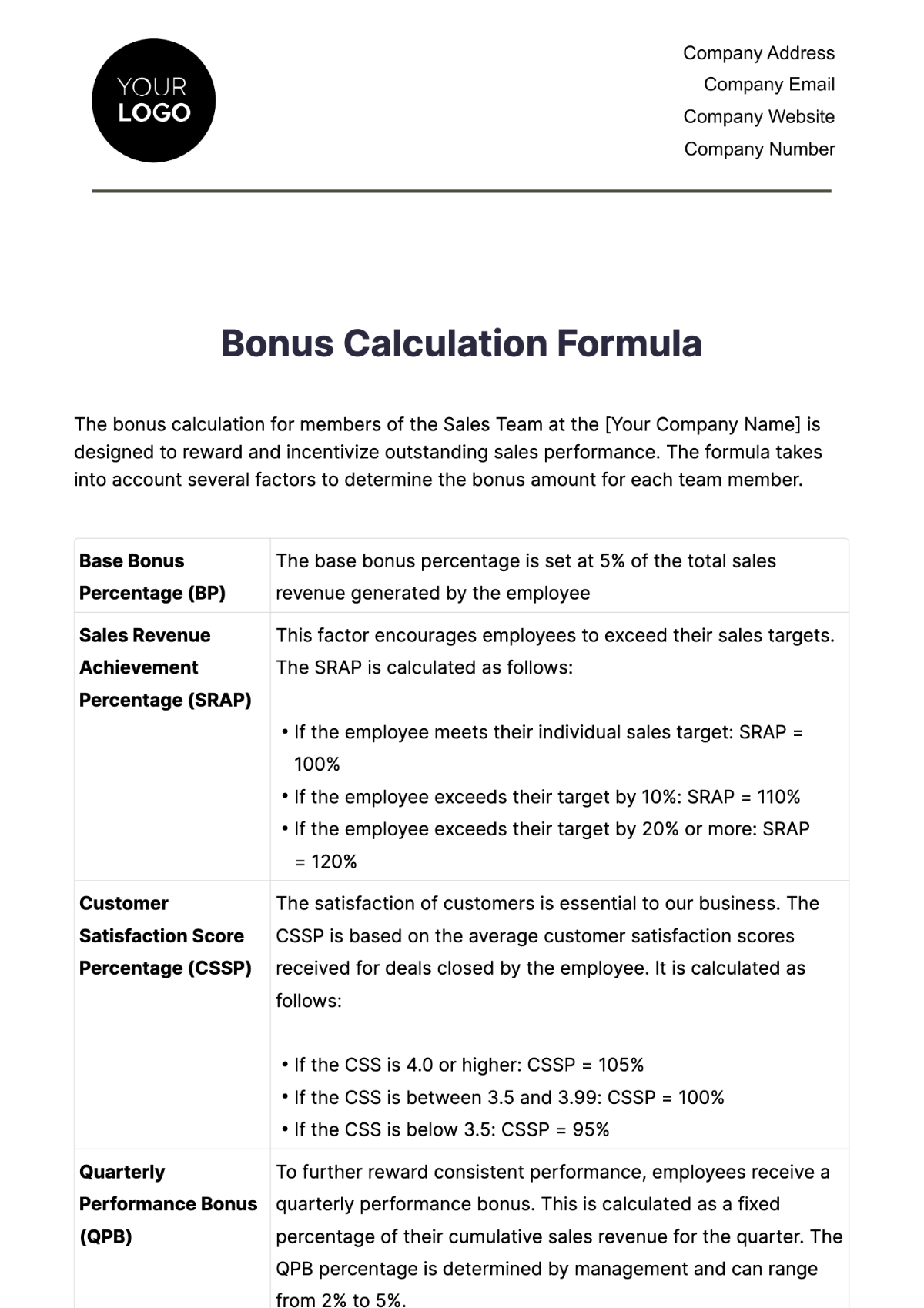 Bonus Calculation Formula HR Template - Edit Online & Download