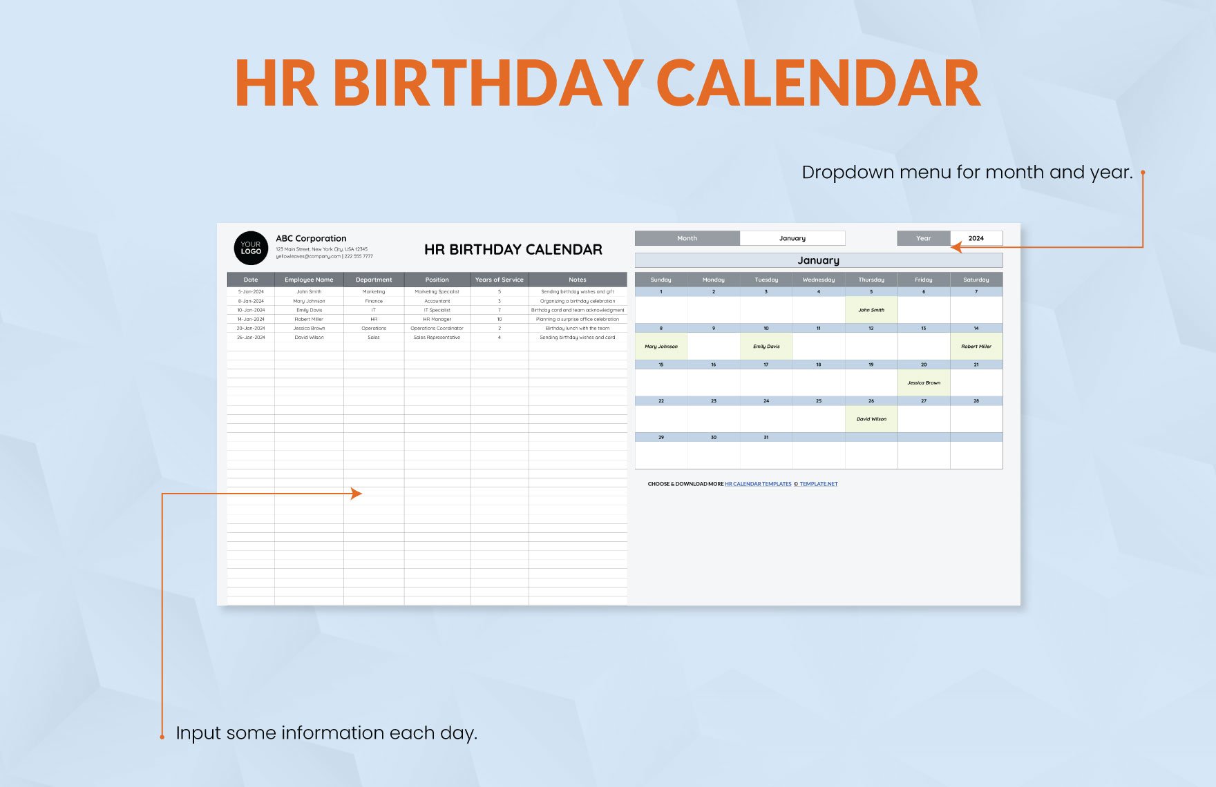 HR Birthday Calendar Template
