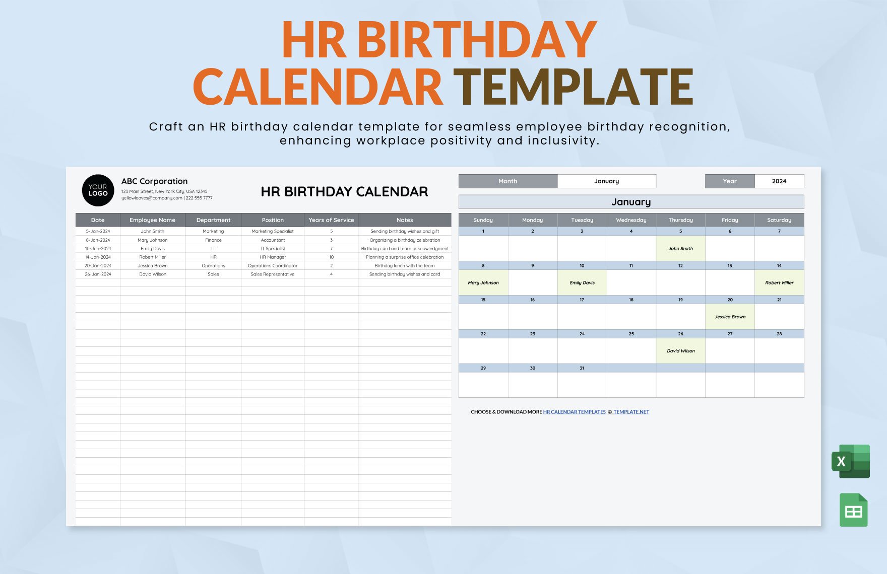 Free HR Birthday Calendar Template in Excel, Google Sheets