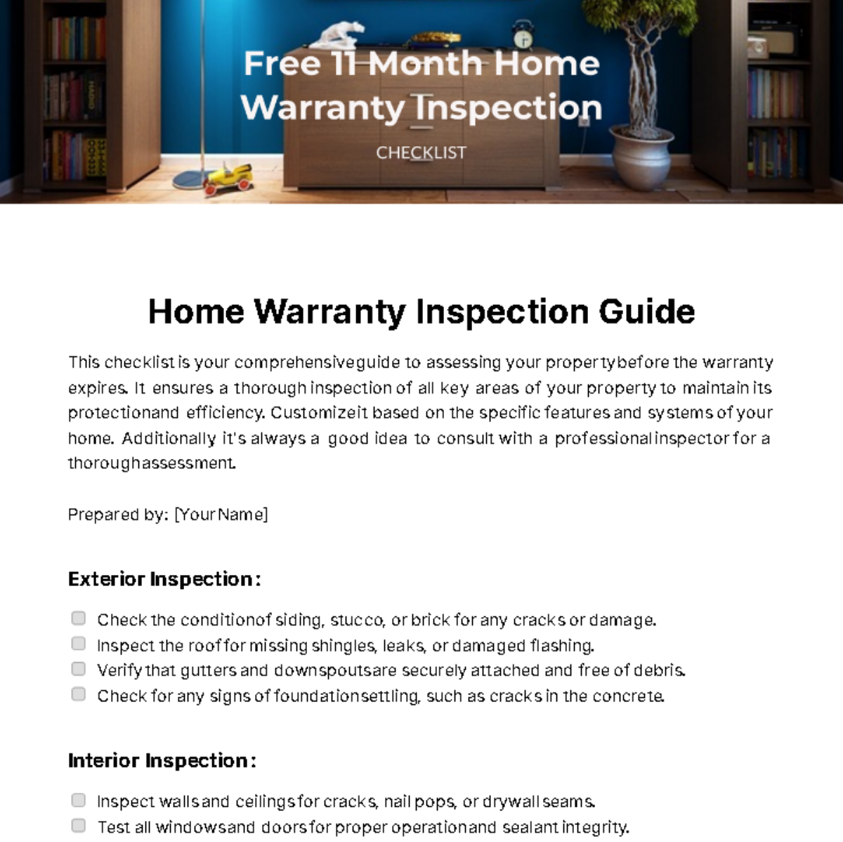 11 Month Home Warranty Inspection Checklist Template