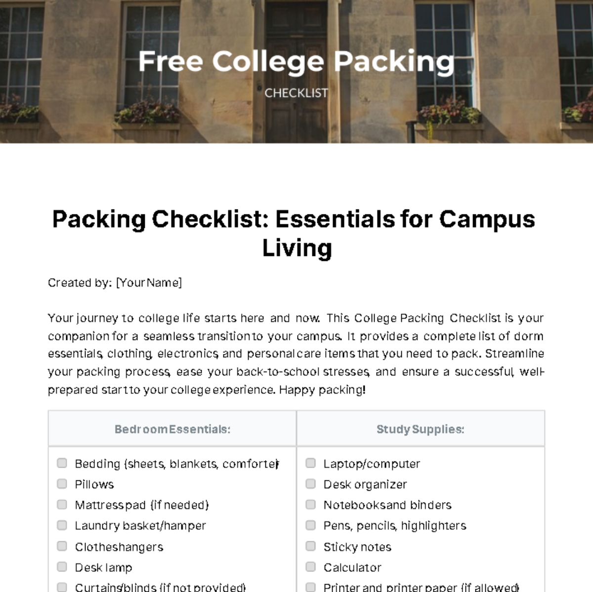 College Packing Checklist Template