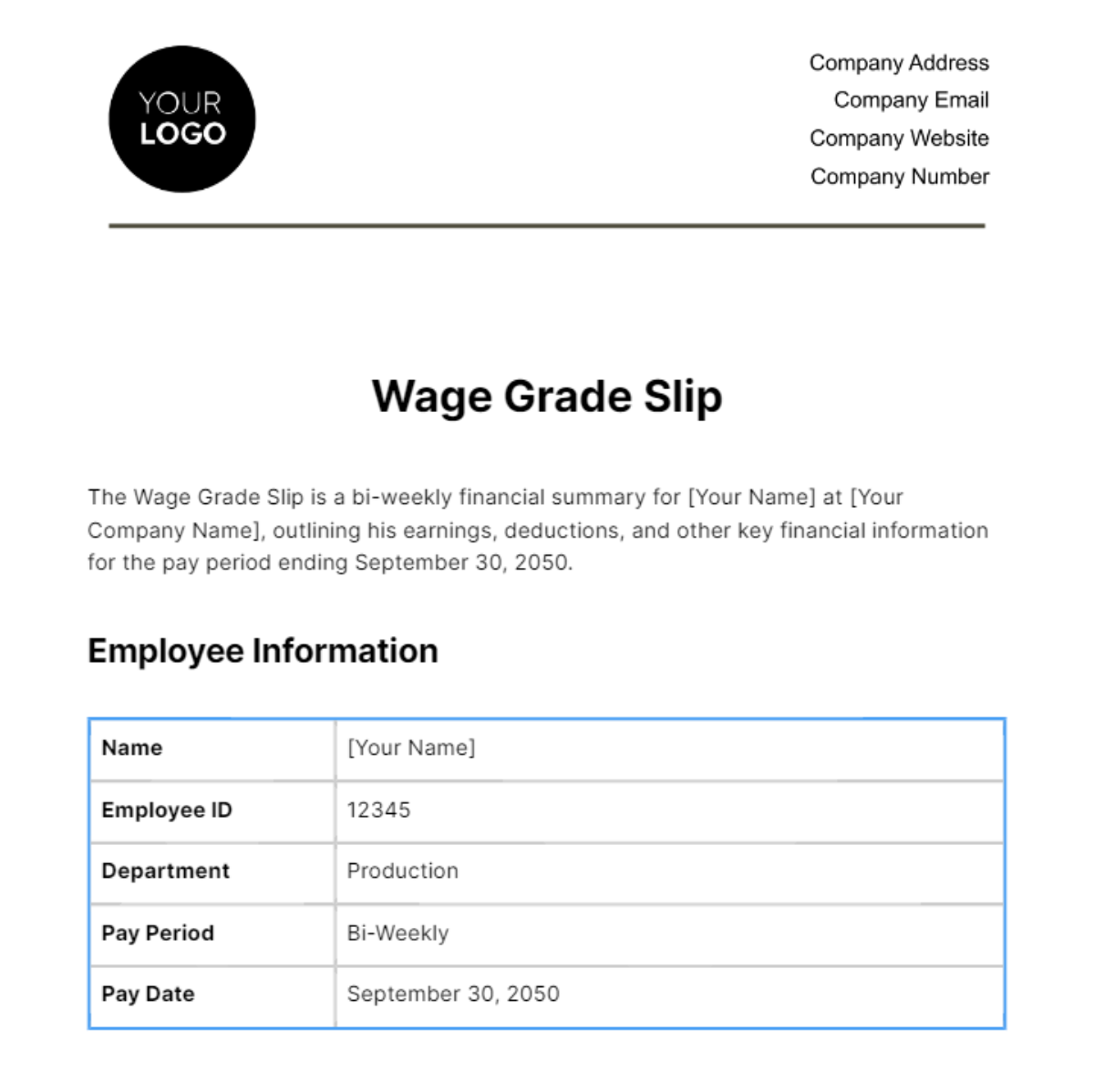 Wage Grade Slip HR Template
