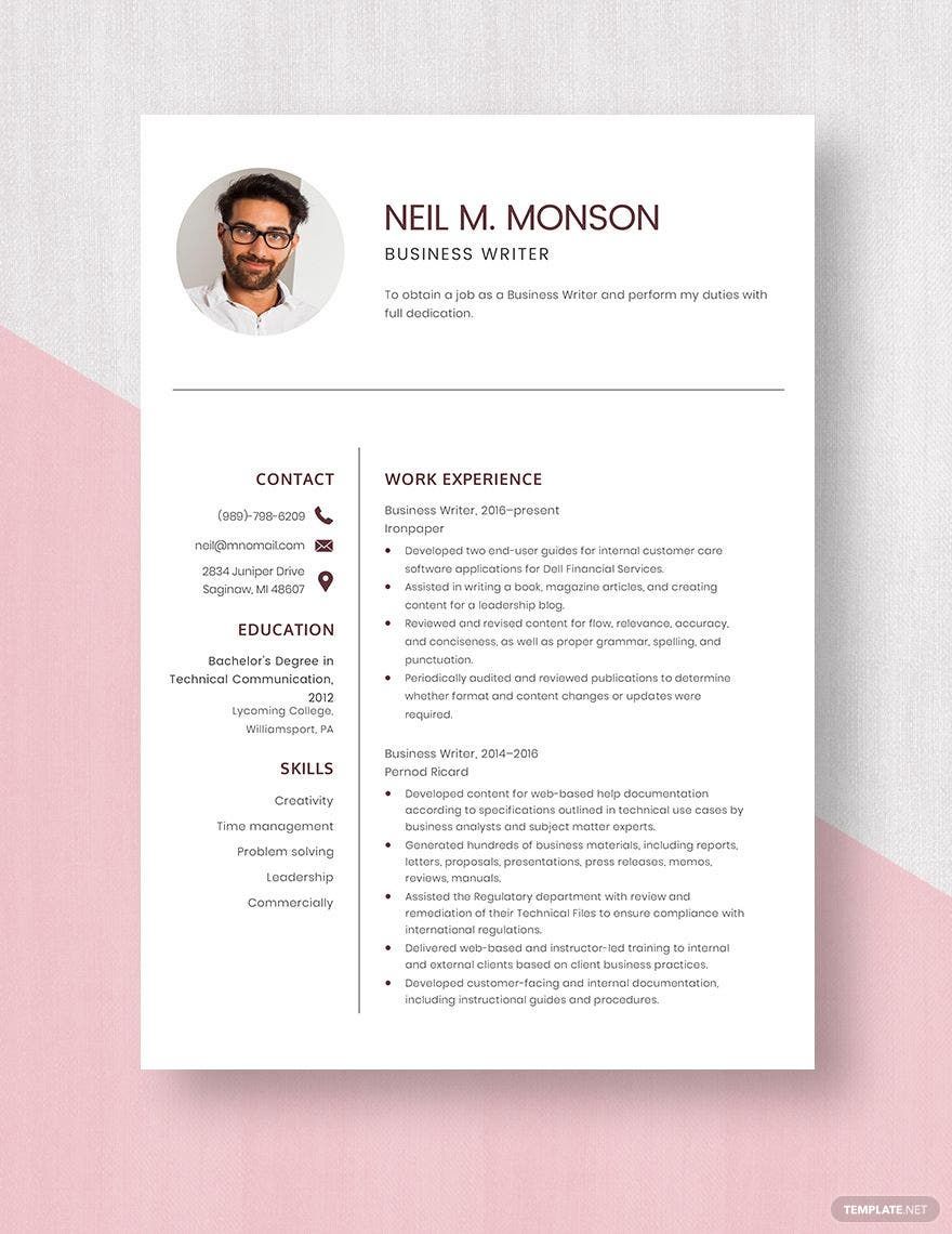 Business Writer Resume in Word, Apple Pages