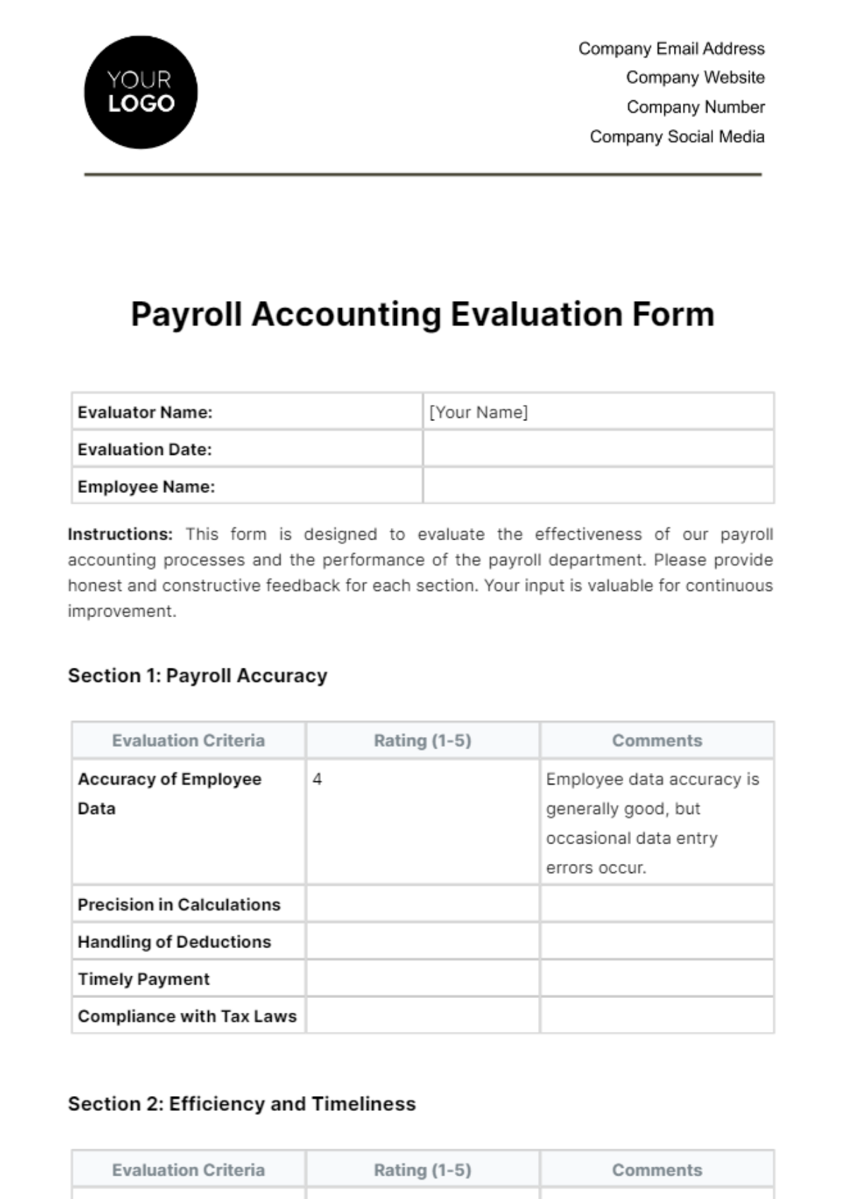 Payroll Accounting Evaluation Form Template