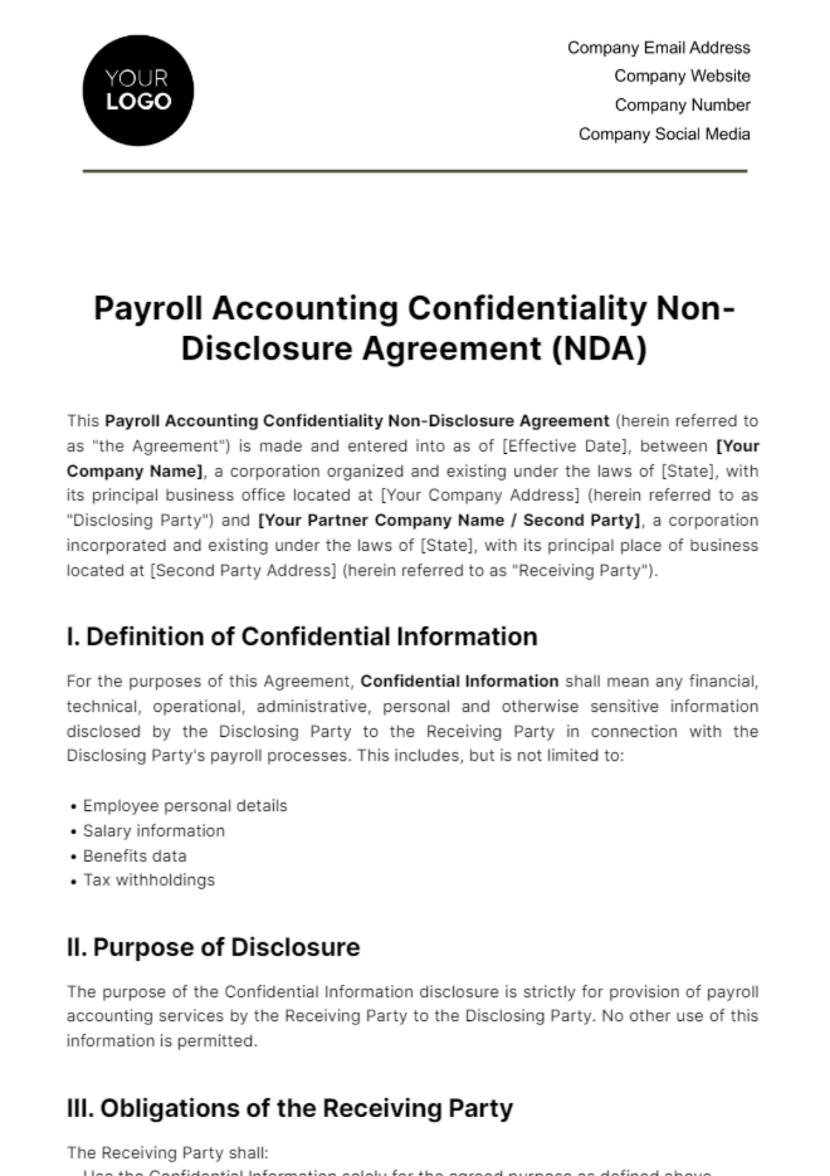 Free Payroll Accounting Confidentiality NDA Template
