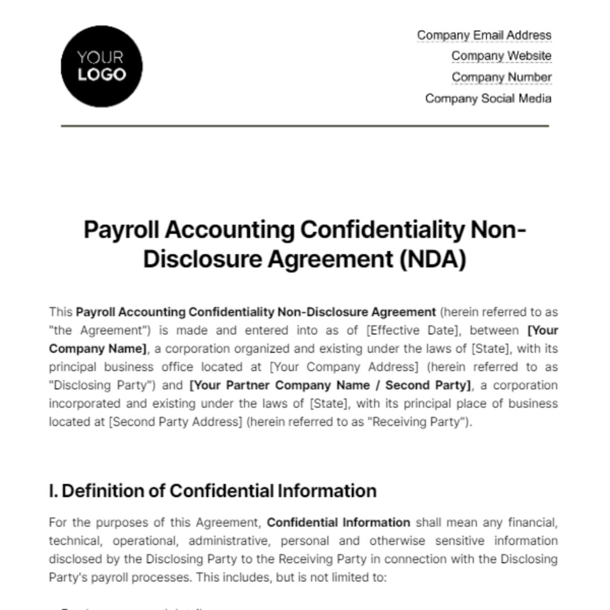 Payroll Accounting Confidentiality NDA Template