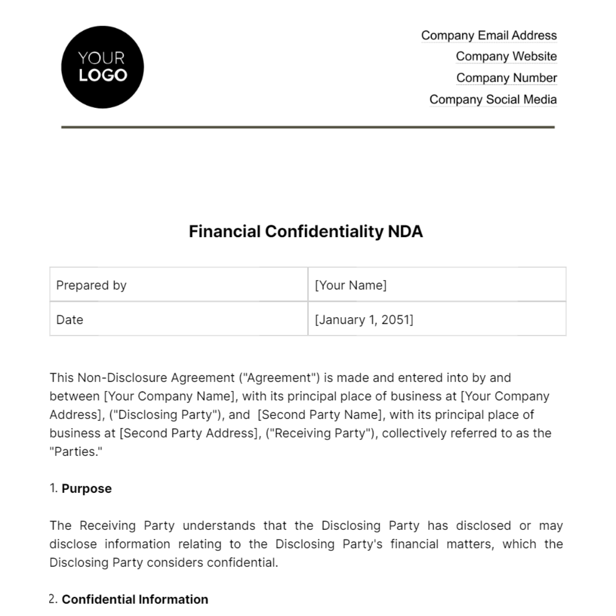 Free Financial Confidentiality NDA Template