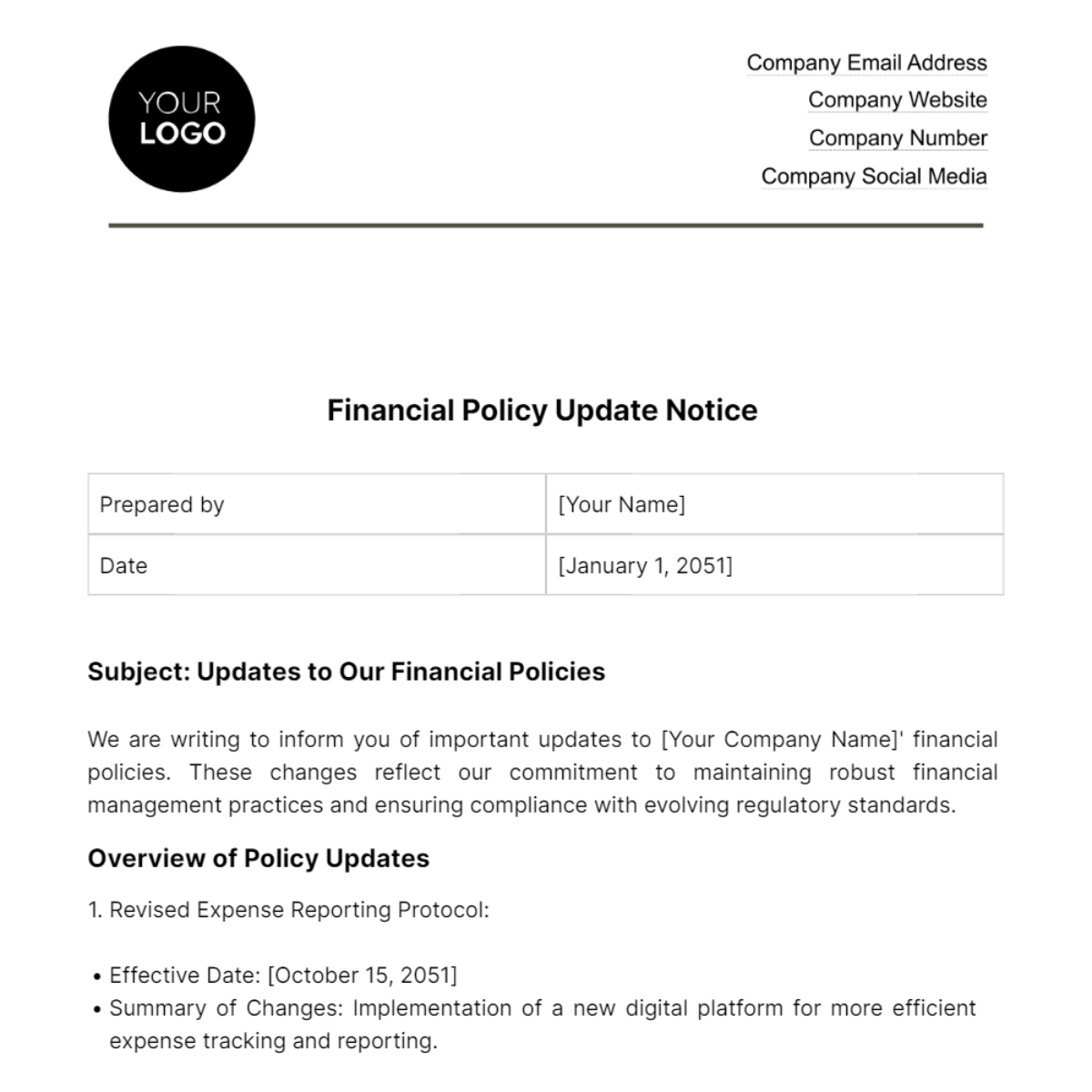 Financial Policy Update Notice Template