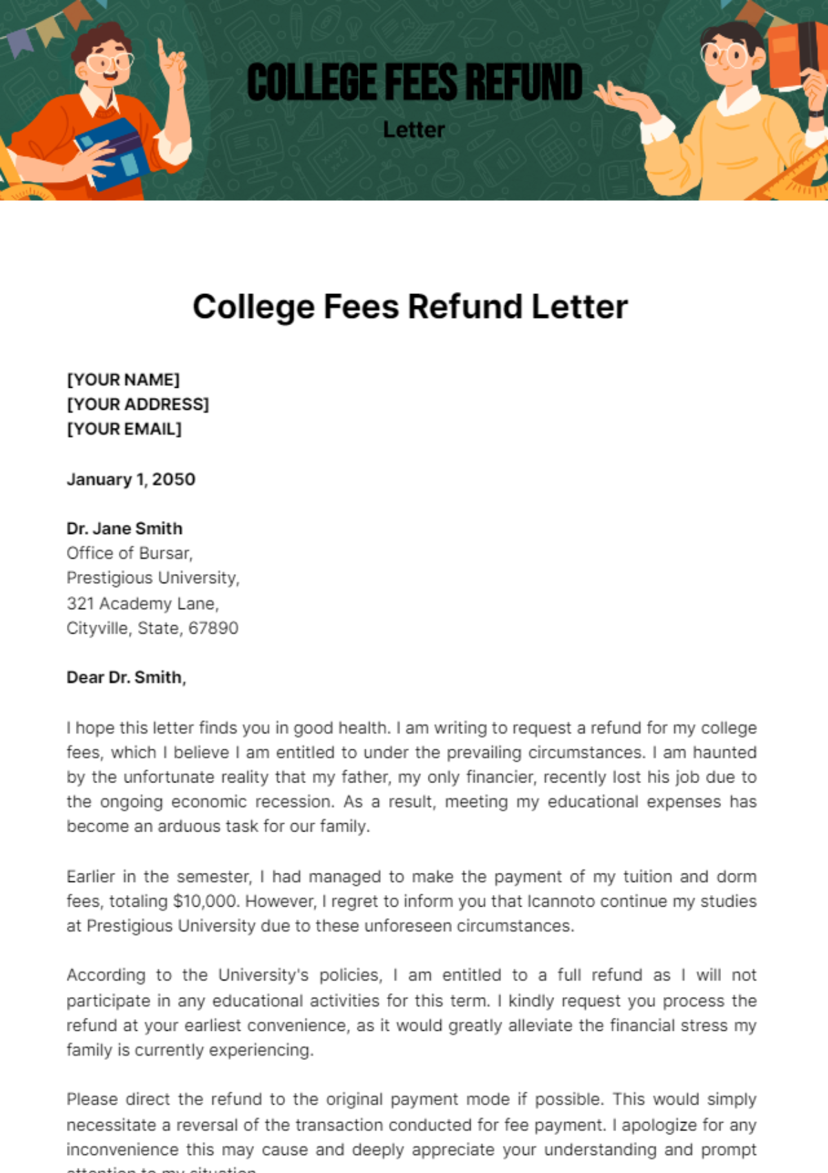 Free College Fees Refund Letter Template