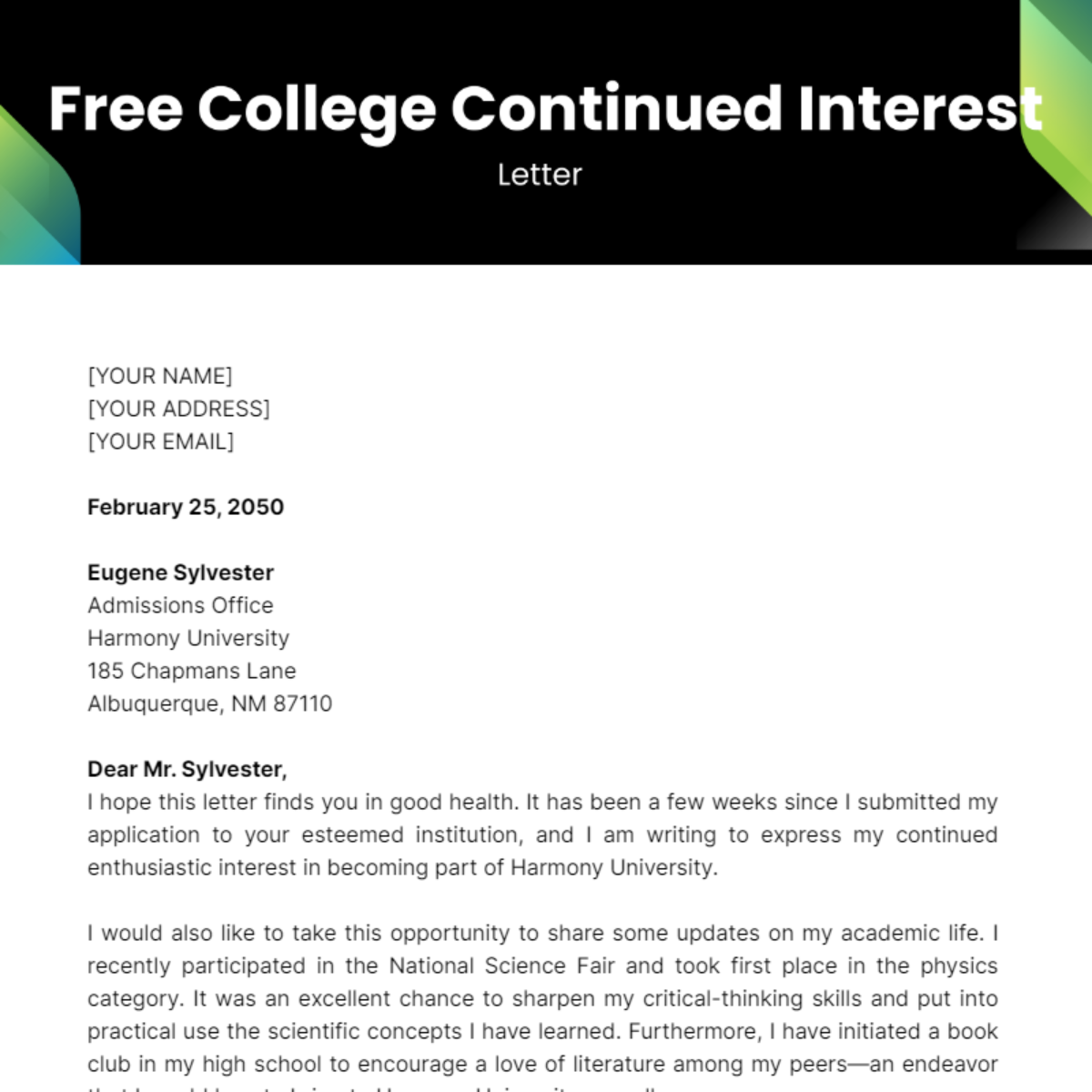 College Continued Interest Letter Template