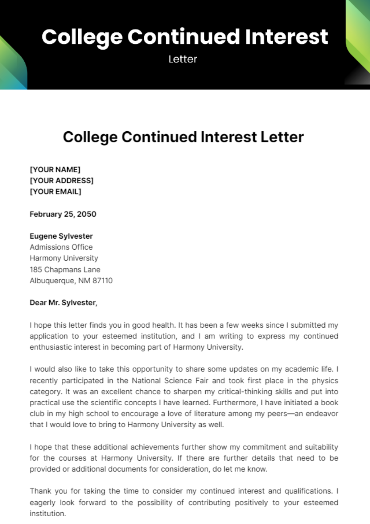 Free College Continued Interest Letter Template