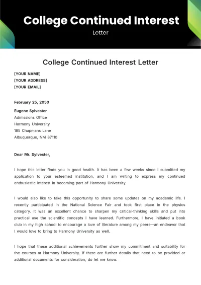 Free College Continued Interest Letter Template to Edit Online