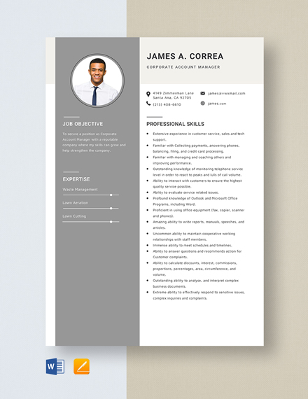 Corporate Account Manager Resume Template - Word, Apple Pages
