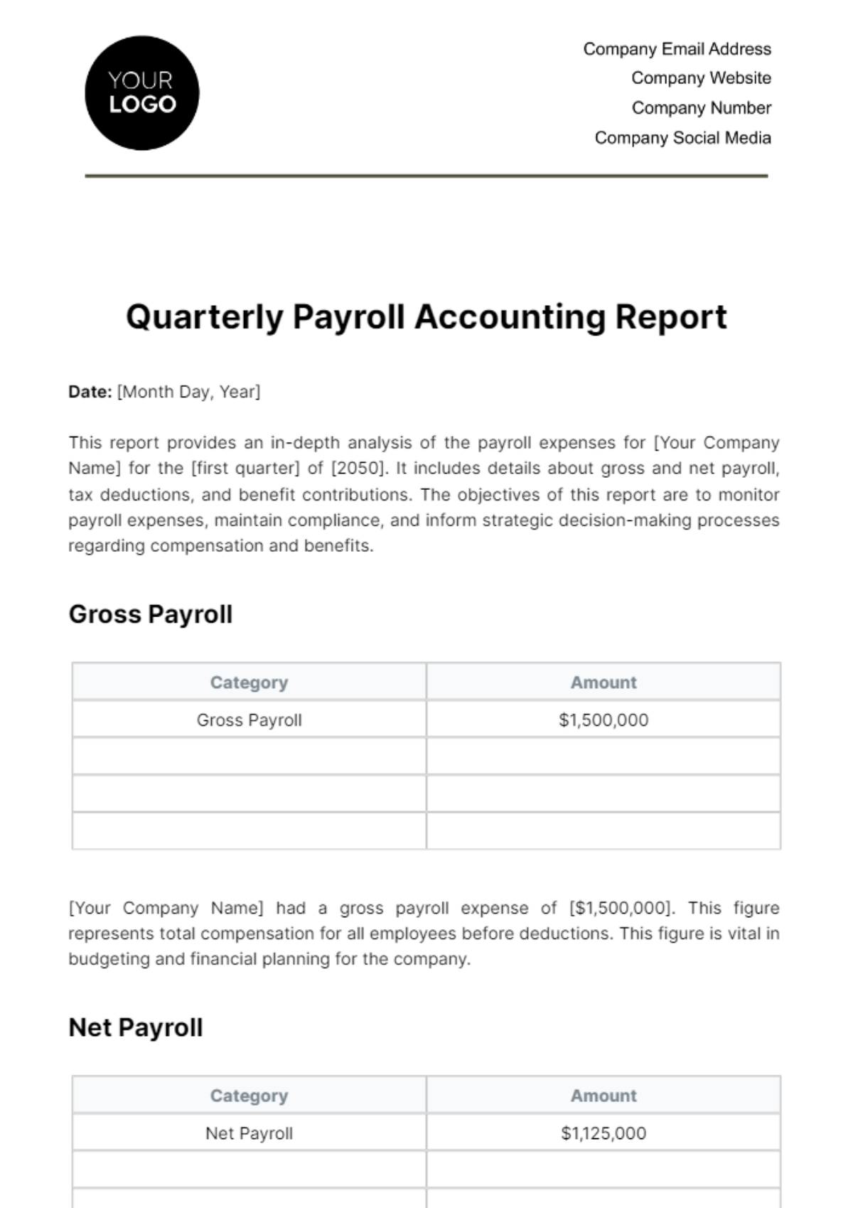Quarterly Payroll Accounting Report Template