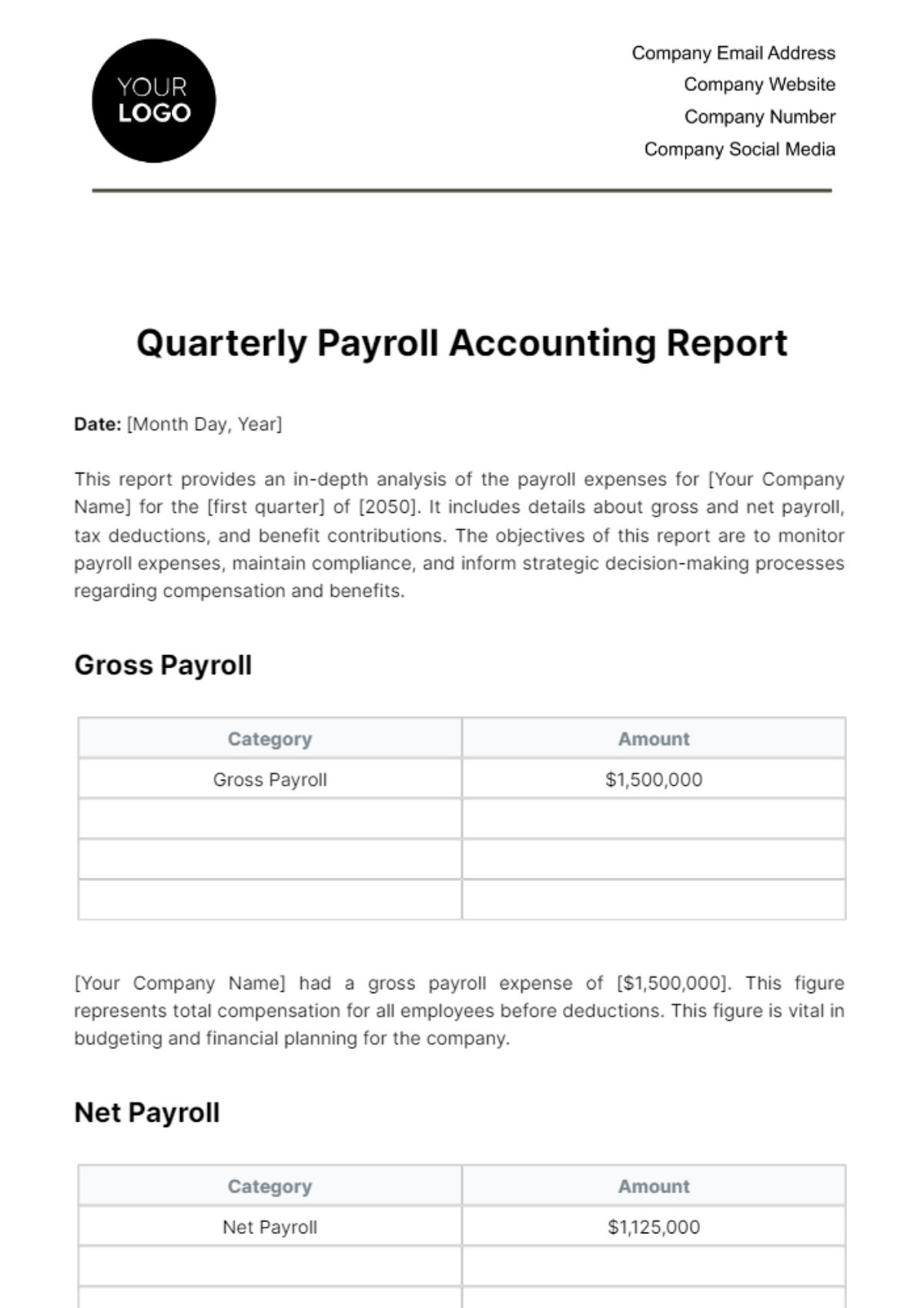 Quarterly Payroll Accounting Report Template - Edit Online & Download