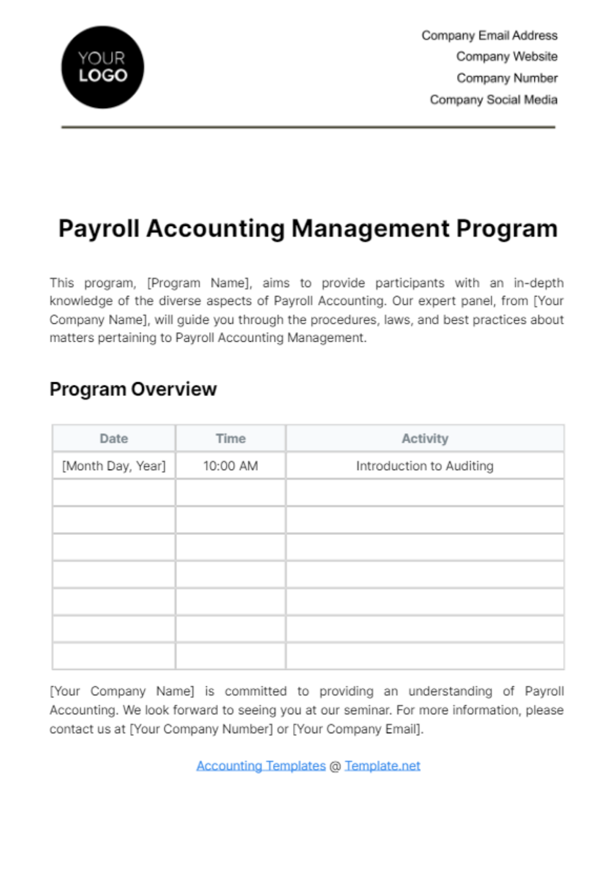 Payroll Accounting Management Program Template