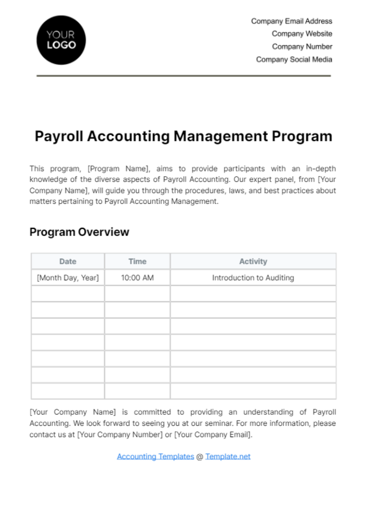 Payroll Accounting Management Program Template - Edit Online & Download