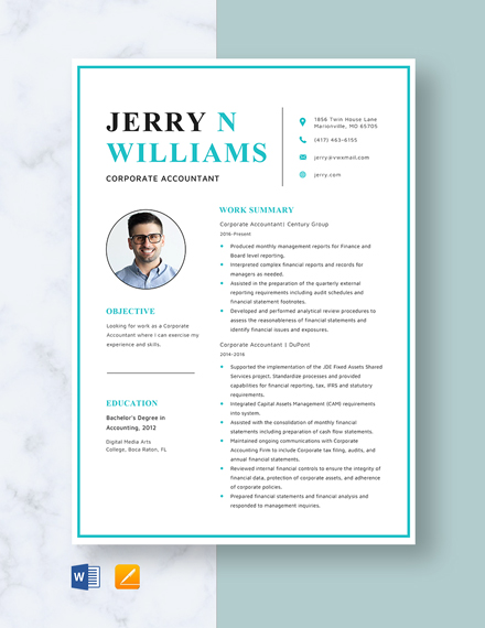 Corporate Accountant Resume Template - Word, Apple Pages