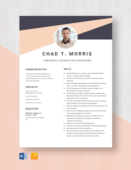 Corporate Accounting Supervisor Resume Template - Word, Apple Pages
