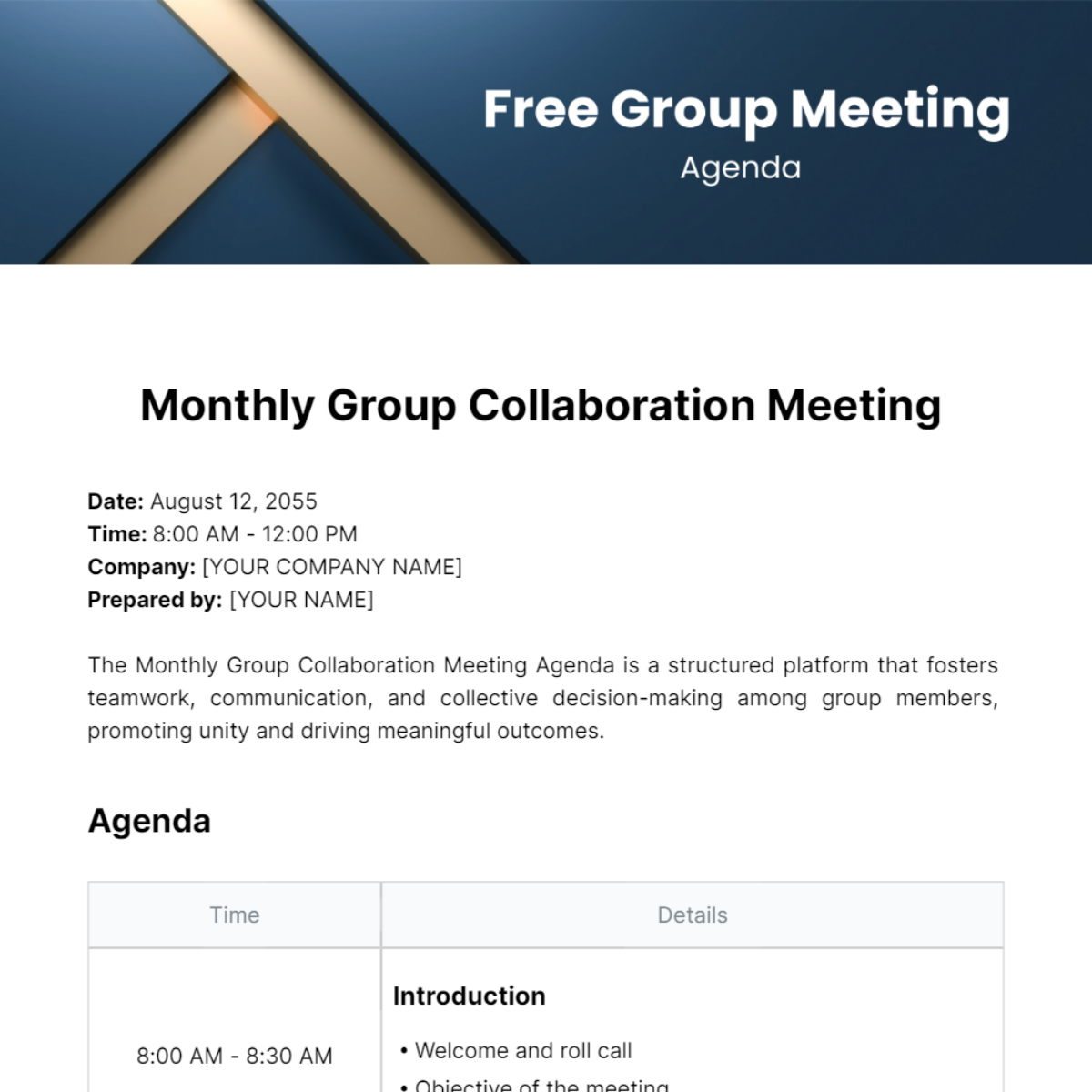 Free Group Meeting Agenda  Template