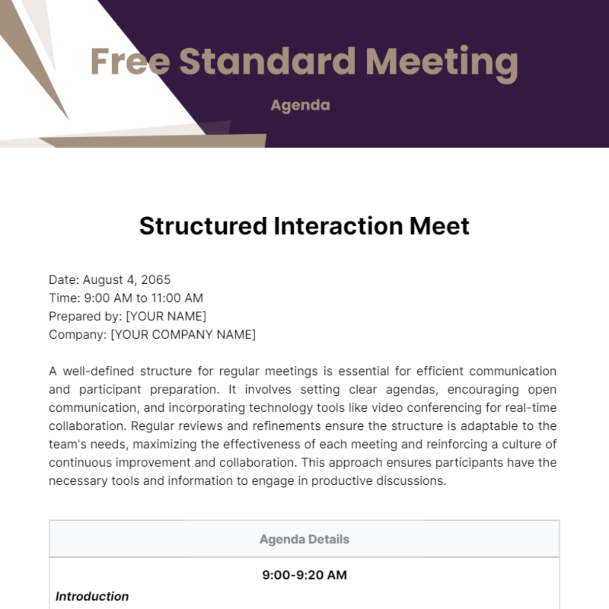Free Standard Meeting Agenda Template