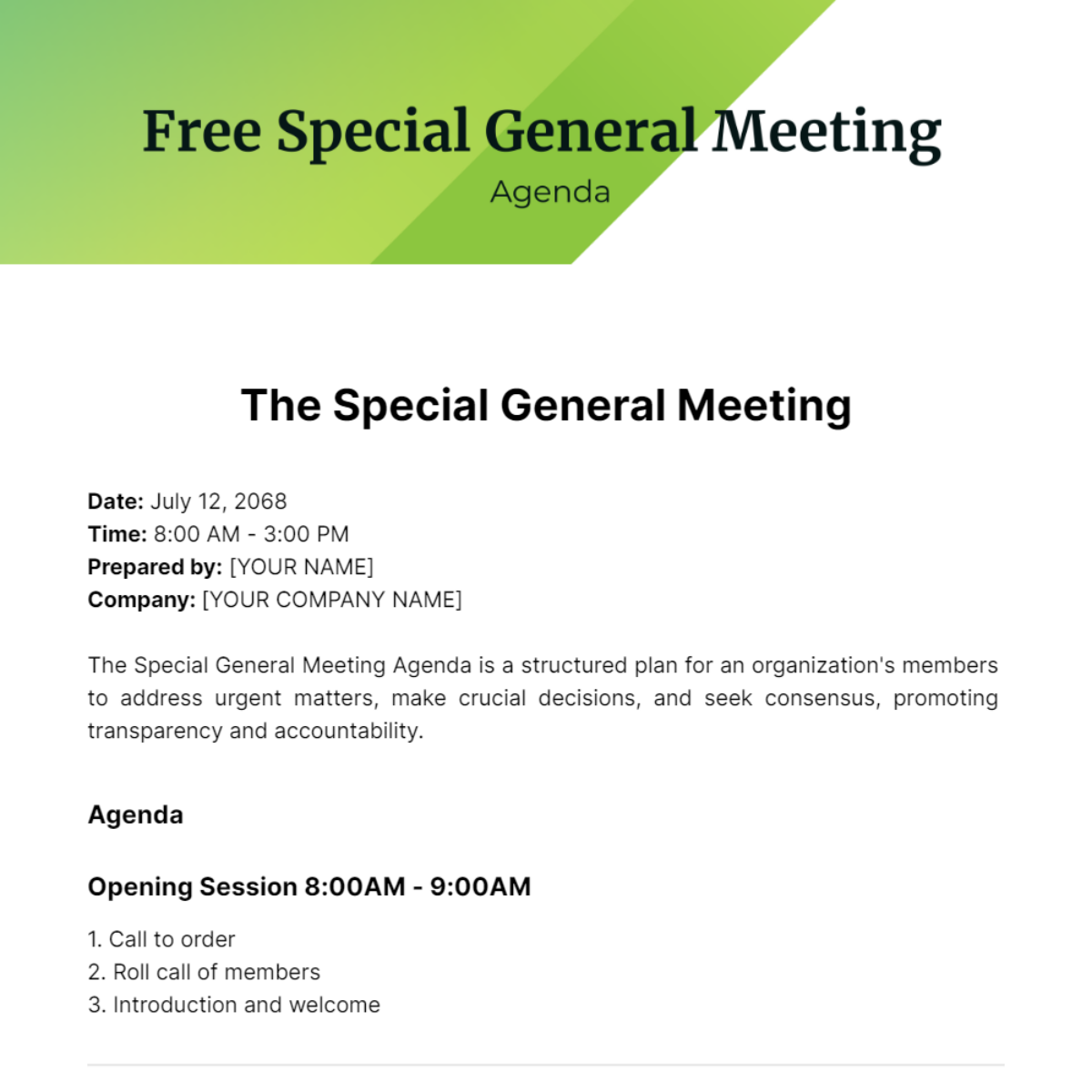 Free Special General Meeting Agenda  Template