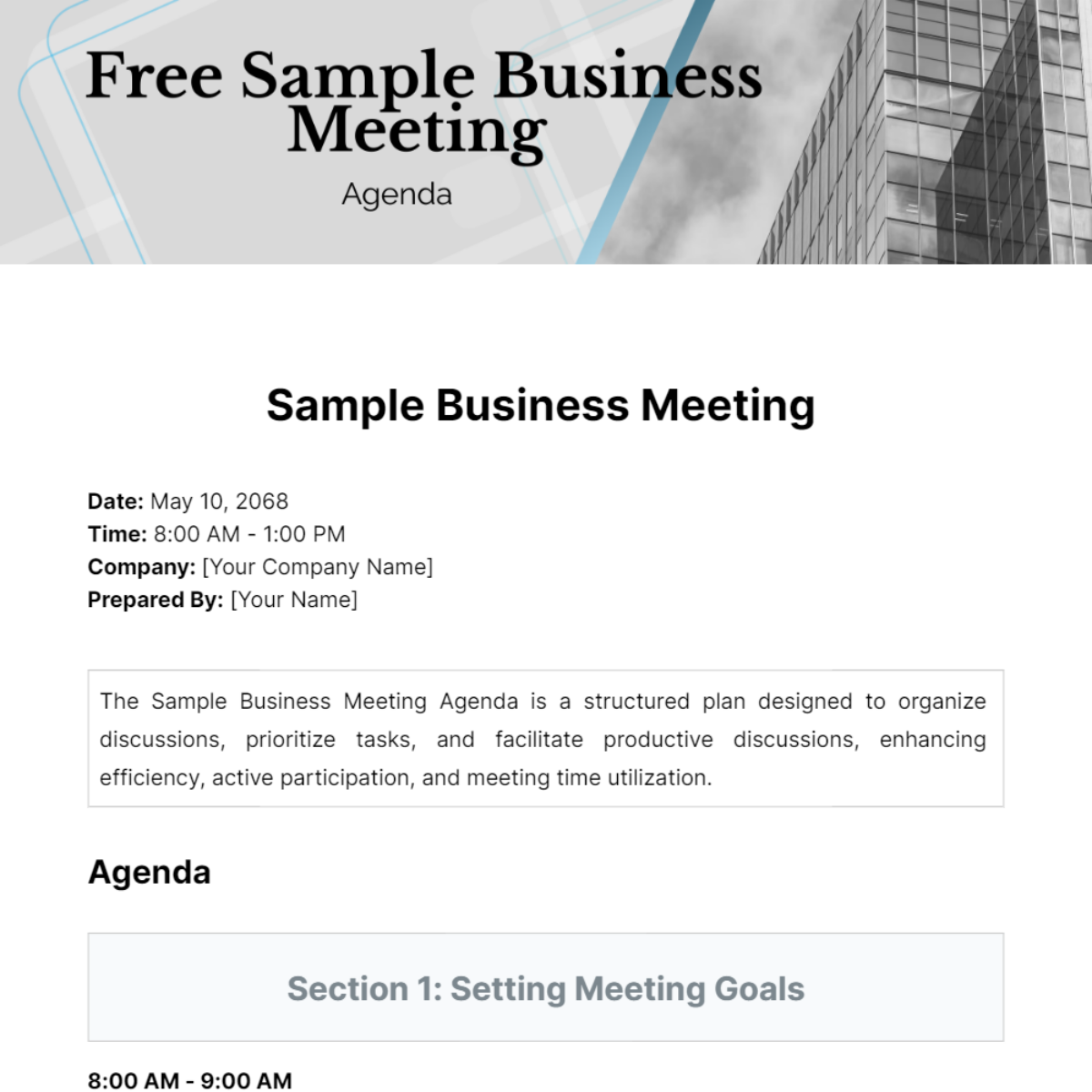 Free Sample Business Meeting Agenda  Template