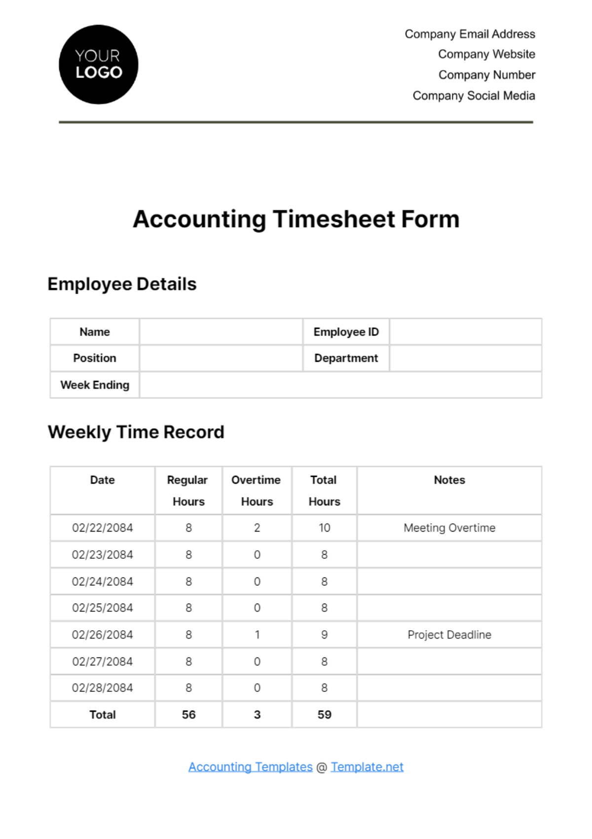 Free Accounting Timesheet Form Template