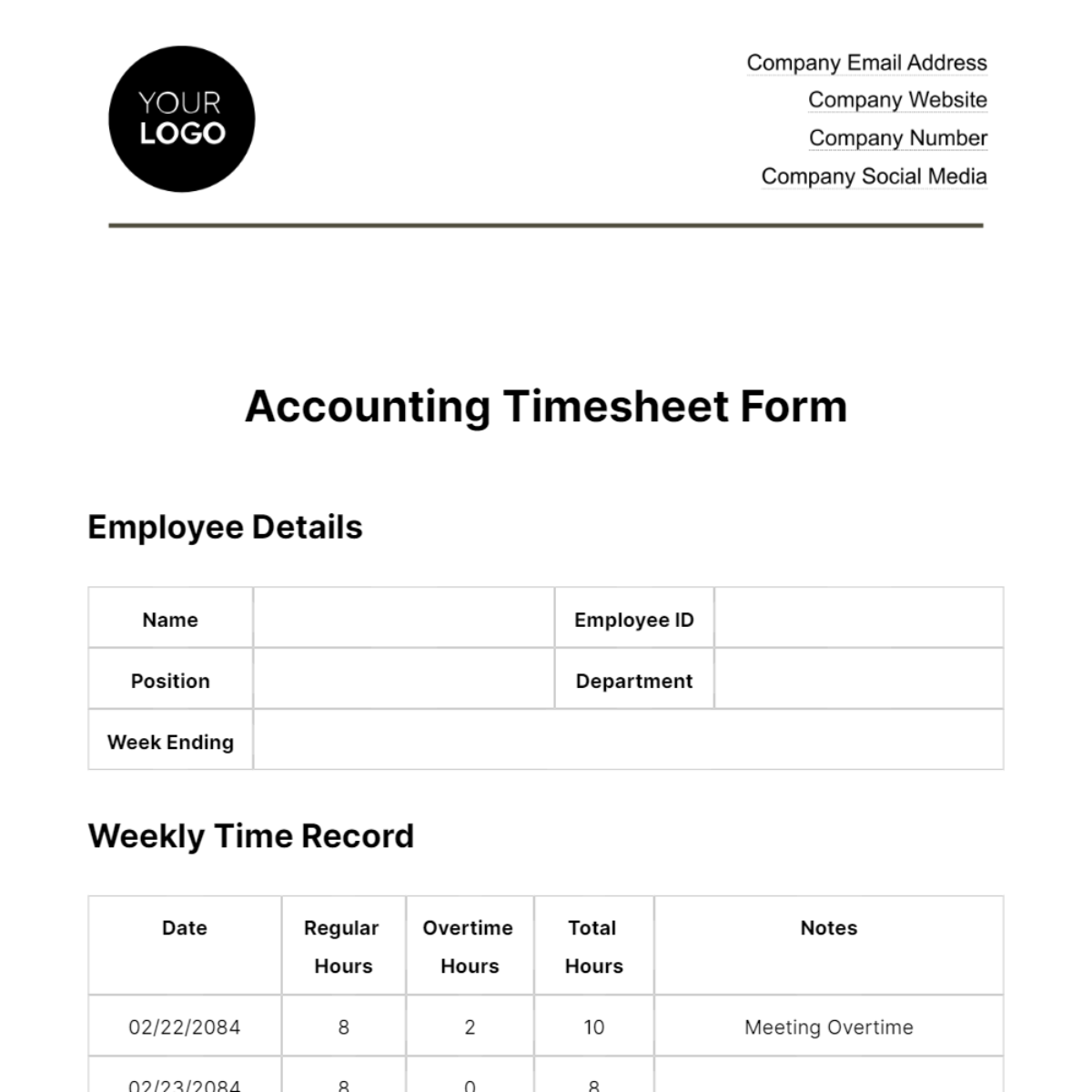 Accounting Timesheet Form Template