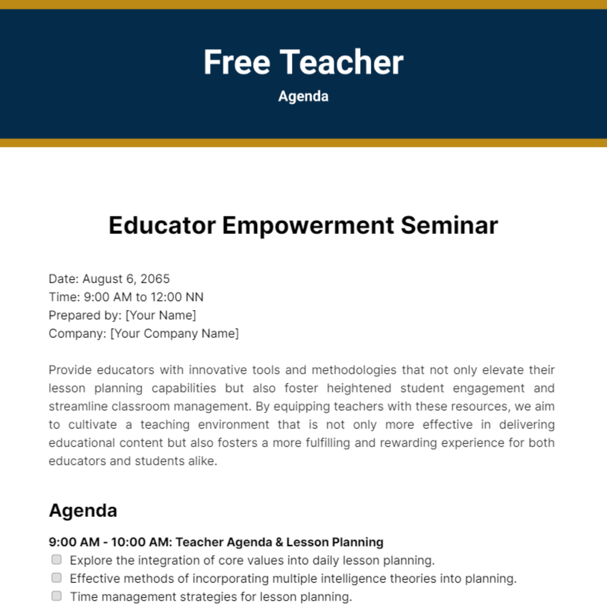 Free Teacher Agenda Template