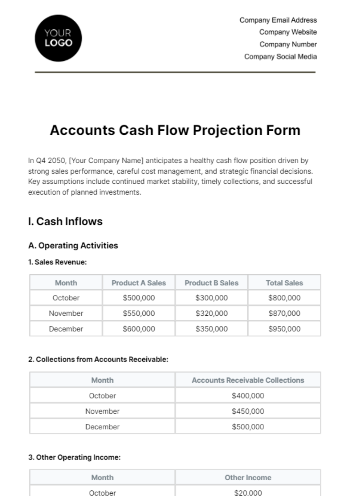Free Accounts Cash Flow Projection Form Template