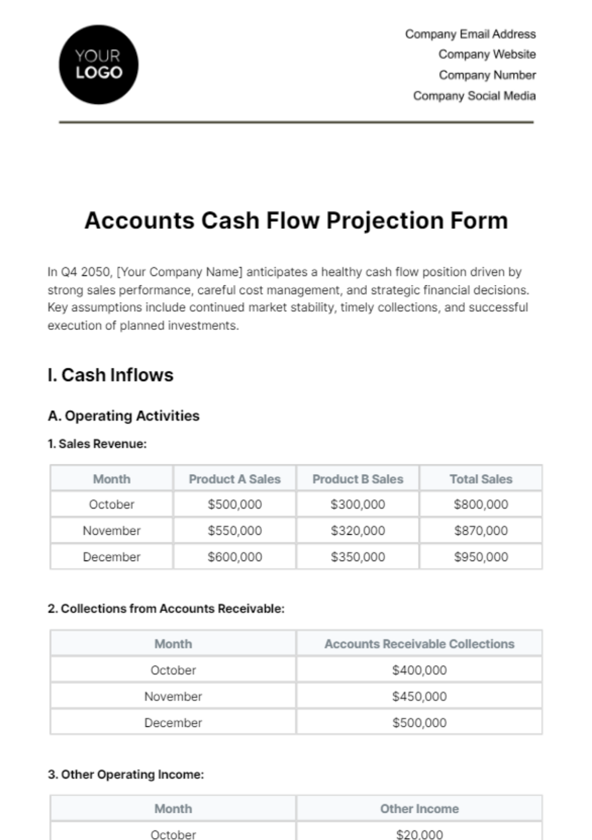 Accounts Cash Flow Projection Form Template - Edit Online & Download