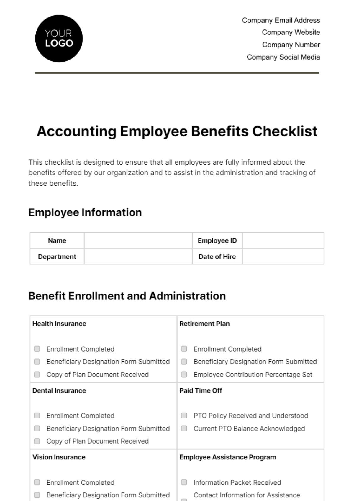 Accounting Employee Benefits Checklist Template